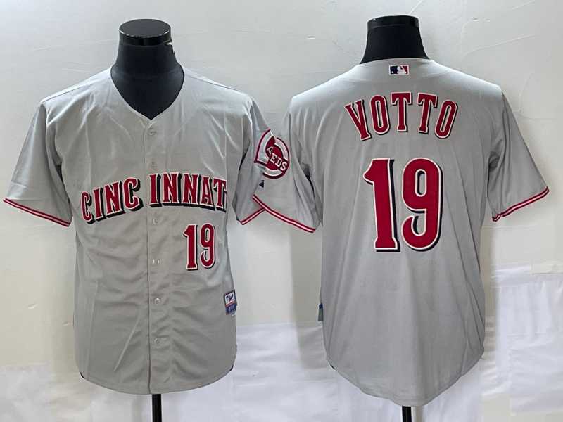 Mens Cincinnati Reds #19 Joey Votto Grey Wool Stitched Throwback Jersey